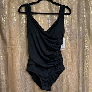 Jantzen Women's Solids Surplice One Piece Swimsuit Ruched Black 8 NWT